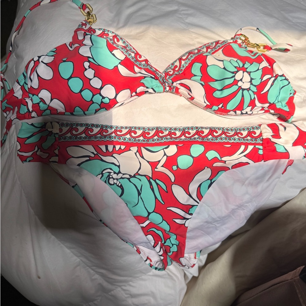 Trina Turk New never worn no tags  Red and aqua blue  Bikini top and bottom set